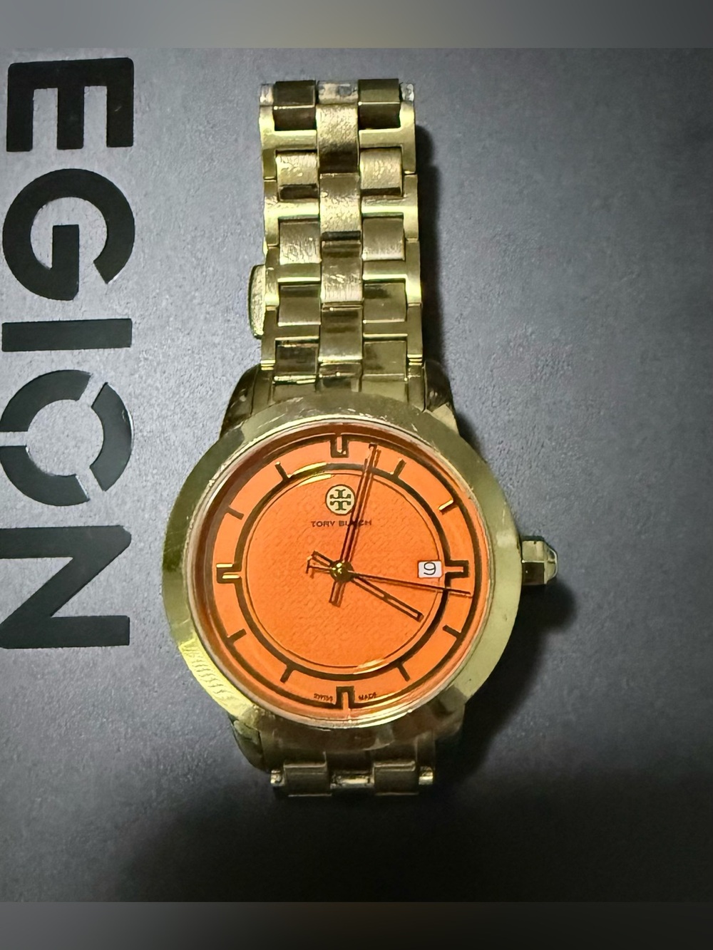 Tory Burch TRB1006 Women’s 7.5” Gold Orange Date Swiss Watch *New Battery